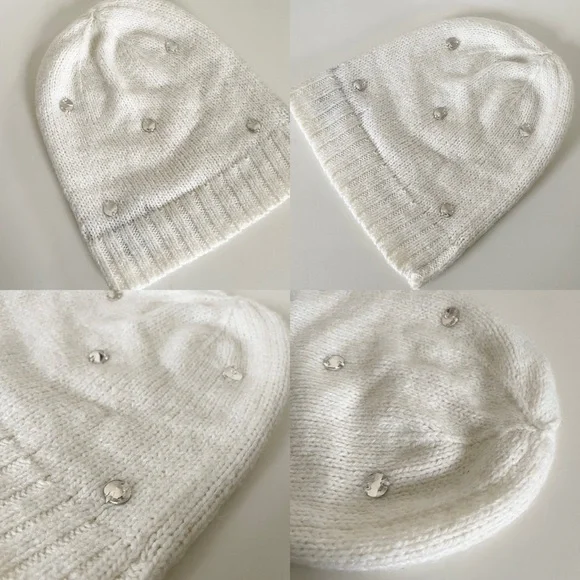 Victoria’s Secret Crystal Rhinestone Off White Knit Beanie Hat, One Size - Picture 9 of 13